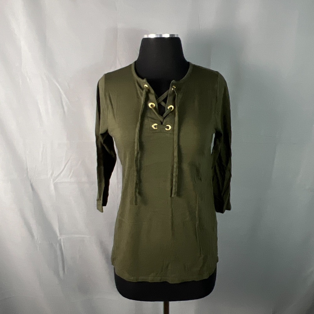 Michael Kors Blouse Top Womens Small Olive Green Gold Eyelet Lace Up 3/4 Sleeve